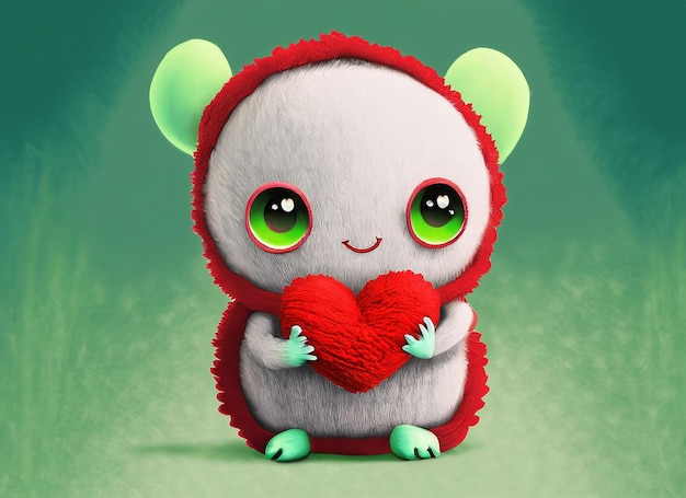 A small cute illustrated fantasy pastel color creature of wool holding a love heart A baby monster from a children's fairy tale