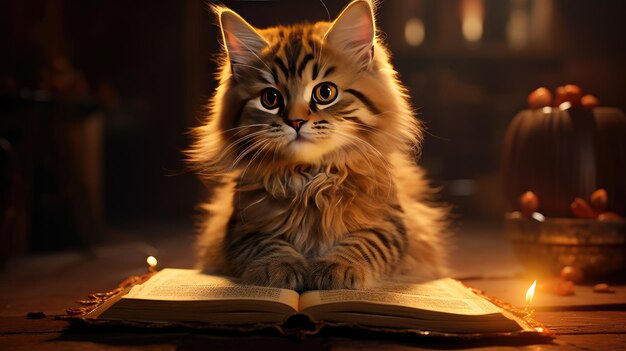 A small cute kitten is guarding a magical book