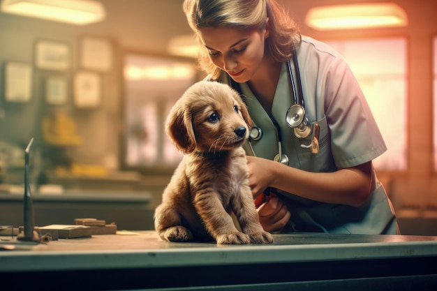 A small cute puppy at a reception in a veterinary clinic with a veterinarian