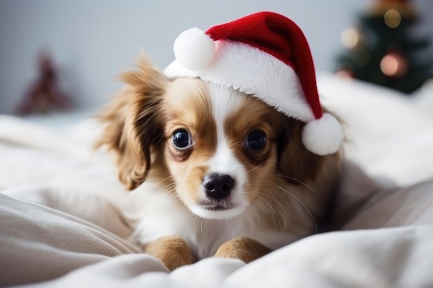 Small cute puppy wearing santa hat on white bed generative ai