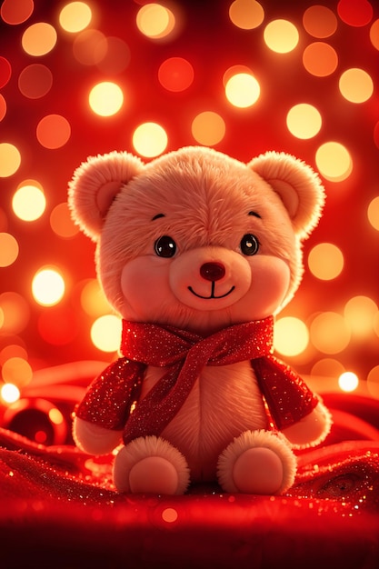 Photo a small cute teddy bear with a red bow around its neck is sitting on a red background adorned with sparkling lights