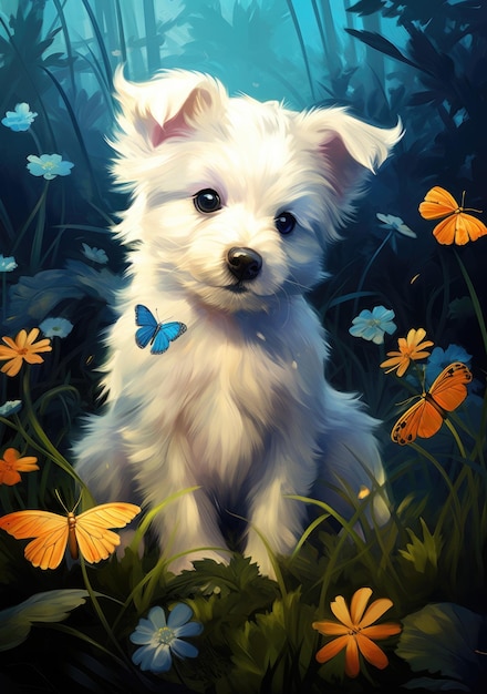 A small cute white dog in a clearing full of flowers and butterflies in the middle of the forest