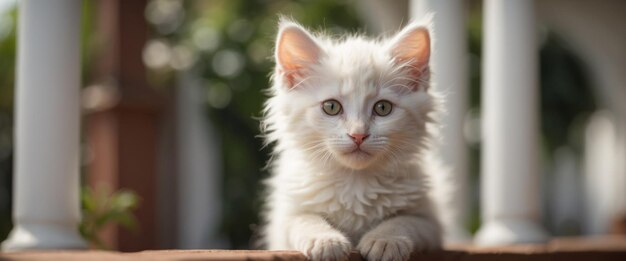 Small cute white fluffy kitten looks out from behind white columns on porch of house