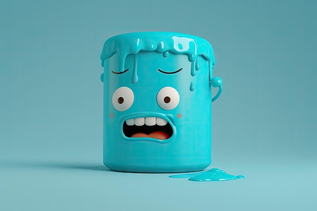 Small cyan paint can character on light blue background