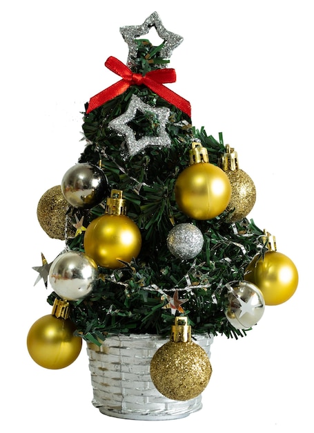 Small decorative Christmas tree with gold and silver balls isolated