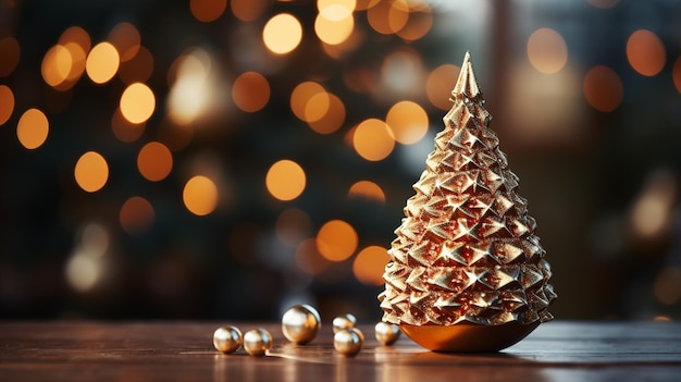 Small decorative shiny christmas tree in close up on a blurred background