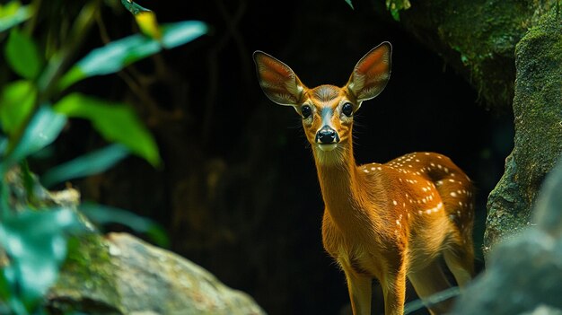 Photo a small deer is standing in front of a rock