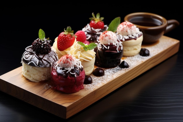 A small desserts on a wooden tray high quality