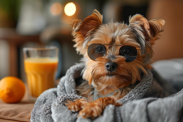 Small Dog in Bathrobe Wearing Sunglasses