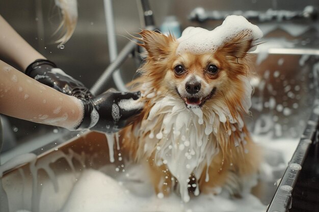 Photo a small dog being washed in a sink by a person with gloves