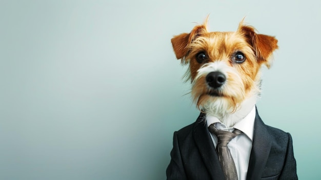 Photo a small dog dressed up in a business suit and tie standing against a plain background capturing a whimsical and humorous portrayal of a professional look