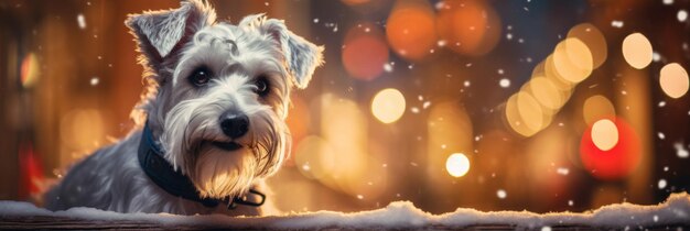 Photo a small dog enjoys a winter evening with softly falling snow and glowing lights around