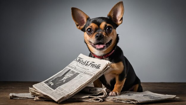 Photo a small dog is happily resting on a pile of newspapers with an engaging smile