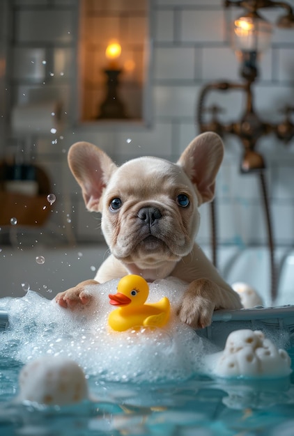 A small dog is playing with a rubber duck in a bathtub The dog is splashing water and the duck is floating in the water