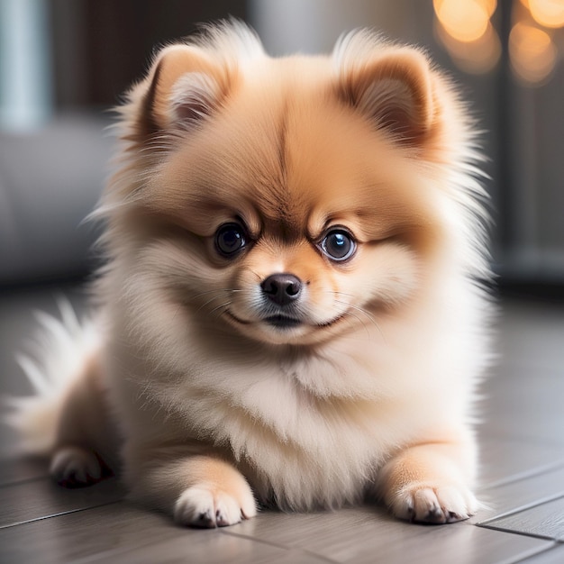 a small dog is sitting on the floor and looking at the camera