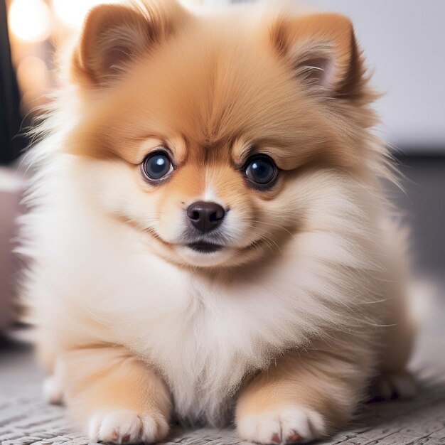 a small dog is sitting on the floor with a black nose