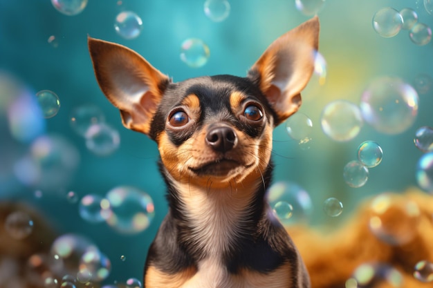 a small dog is sitting in front of bubbles