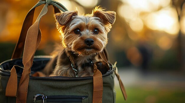 Photo a small dog is sitting in a green bag