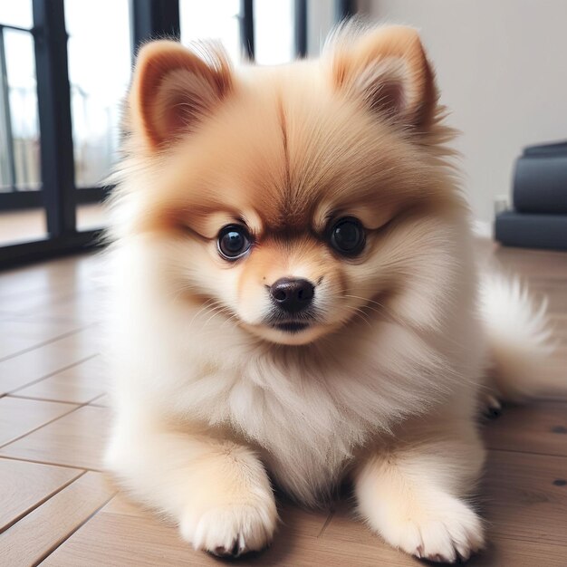 a small dog is sitting on a tiled floor