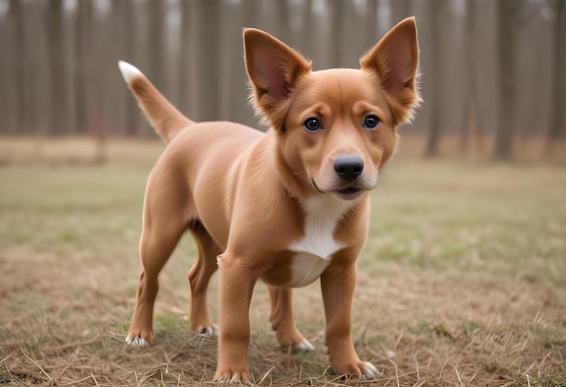 a small dog is standing in a field with a forest background