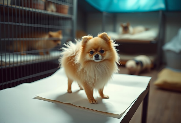 Photo a small dog is standing on a table with a dog in the background