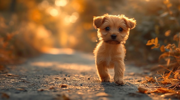 a small dog is walking on a gravel road