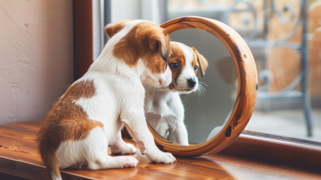 Photo a small dog looks in the mirror selective focus