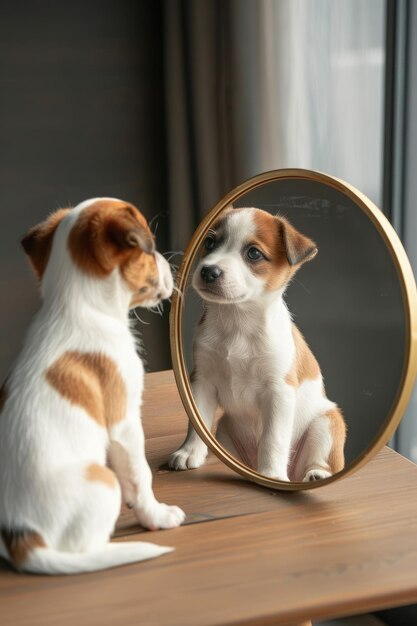 Photo a small dog looks in the mirror selective focus