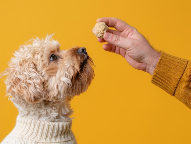 A small dog looks up at a hand holding a treat against a yellow background