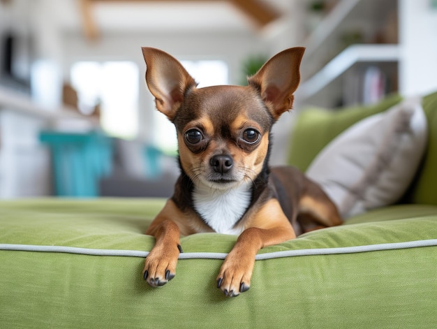 a small dog lying on a couch