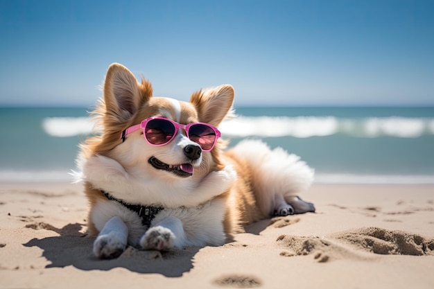 Small Dog in Pink Sunglasses on Beach generative AI