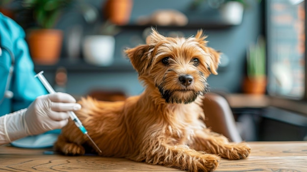 A small dog receiving a vaccination at a veterinary clinic cared for by a veterinarian in a welllit room with natural and potted plants