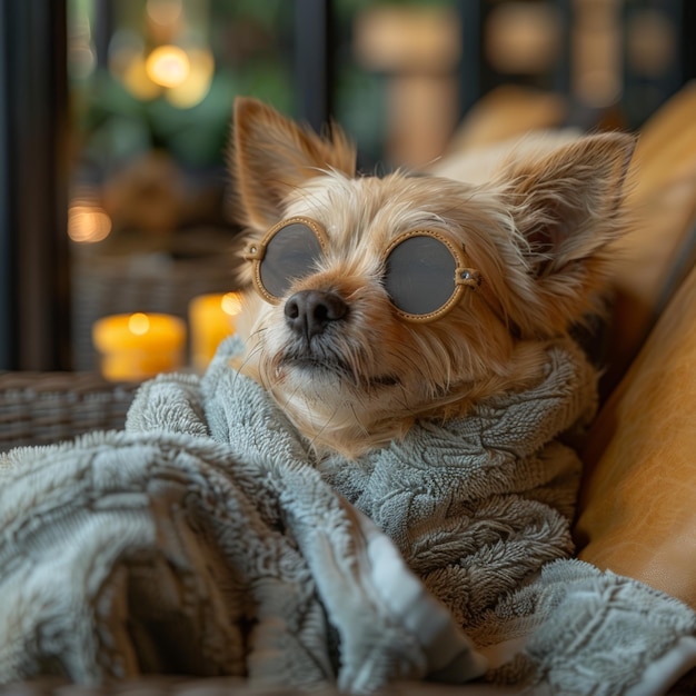 Small Dog Relaxing In Bathrobe With Sunglasses