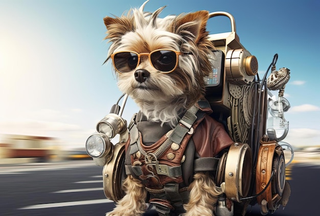 small dog on the road with gear in the style of packed hidden details