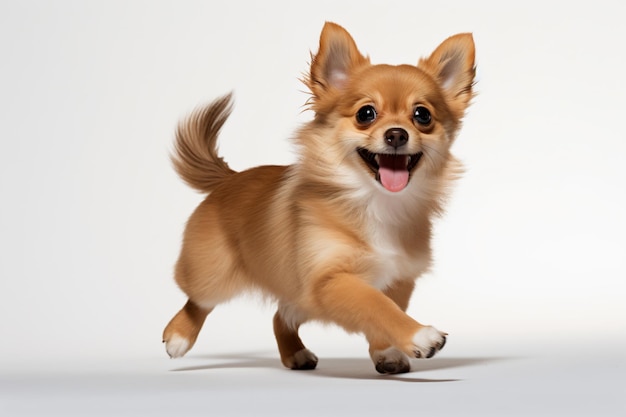 a small dog running across a white surface