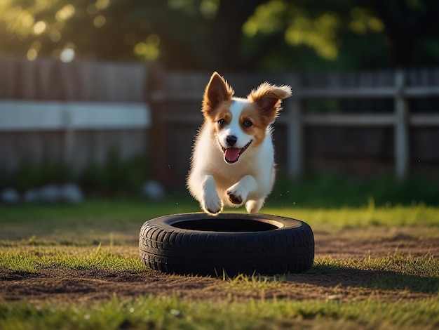 a small dog running with a tire in the grass