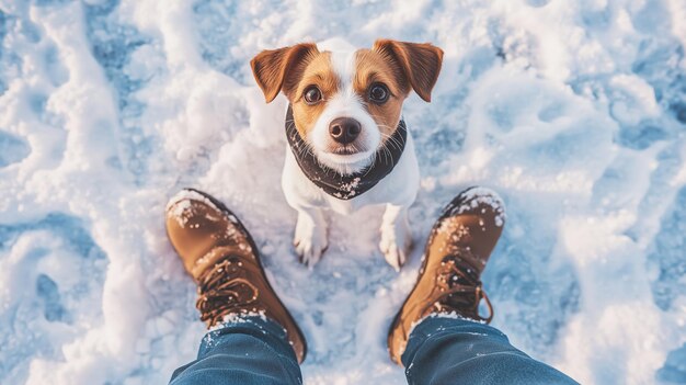 Photo a small dog sits in the snow next to a person wearing brown boots on a winter day in a snowy landscape