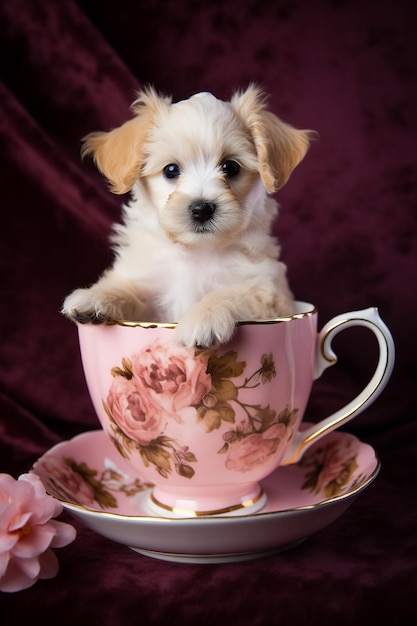 A small dog sits in a teacup with a pink flower pattern.