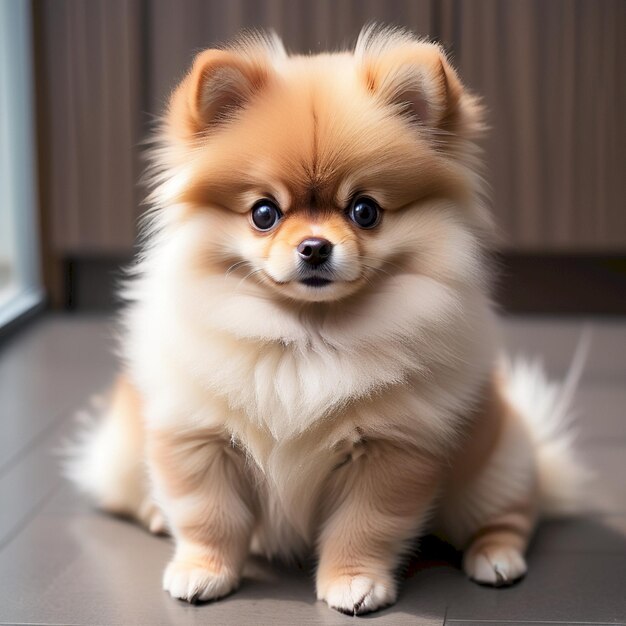 Photo a small dog sits on a tile floor with a curtain behind it