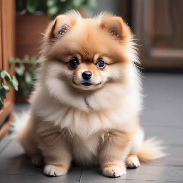 Photo a small dog sits on a tiled floor with a plant in the background