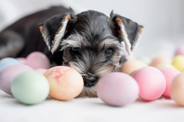 Small dog sitting on top of a colorful pile of Easter eggs Generative AI