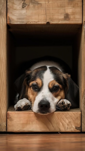 The small dog sleeping in the cubby