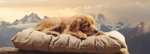 A small dog sleeping on a pillow mountains in the background generative AI