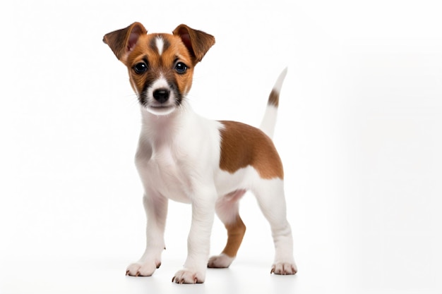 a small dog standing on a white surface