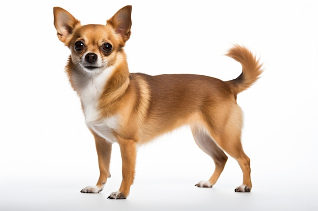 a small dog standing on a white surface