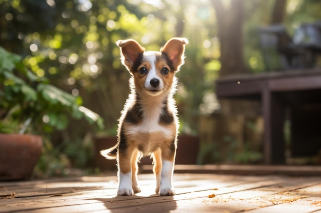 a small dog standing on a wooden deck