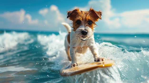 Photo small dog surfing on a wave at the beach on a sunny day summer vacation aig49