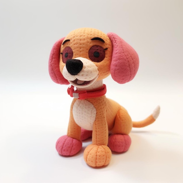 A small dog toy with a red collar and a tag on its collar.