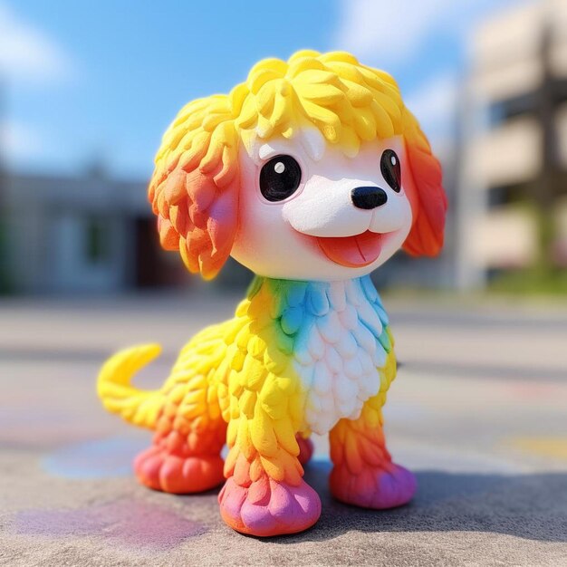 A small dog toy with a shirt that says rainbow on it.