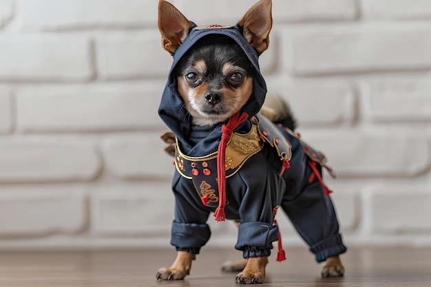 Photo a small dog wearing a blue outfit is standing on a wooden floor